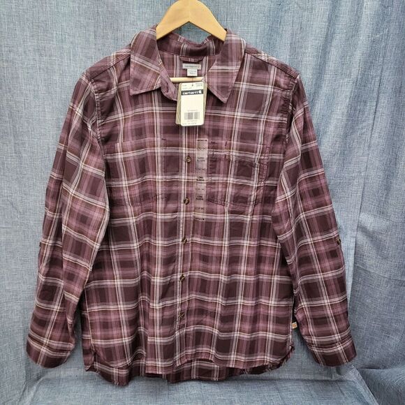 NWT Carhartt Roll Tab Sleeve Shirt Button Up Plaid Women's Size L (12-14) - Picture 1 of 10